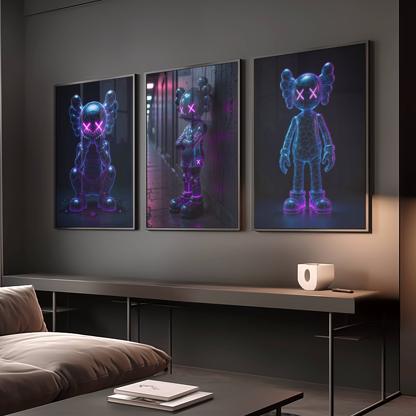 Set of 3 Neon Kaws Exhibition Posters