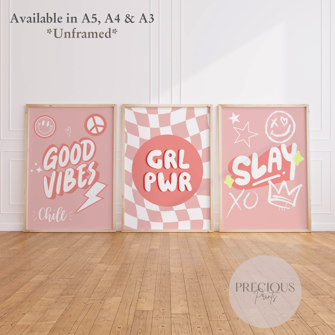 Set of 3 Slay Girl Power Preppy Poster / Trendy Glam Wall Print / Girls Bedroom