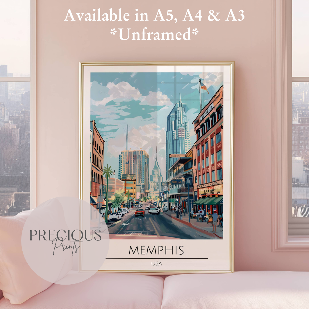 USA, Memphis Travel Print Poster / Vintage Wall Art / A5 A4 A3