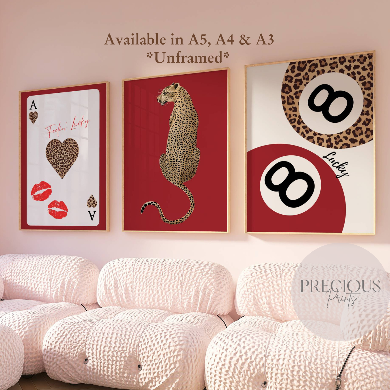 Set of 3 Red Trendy Preppy Prints Cheetah Leopard Eclectic Wall Art A5 A4 A3
