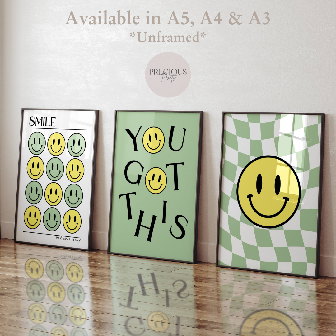 Set of 3 Green Smiley Preppy Prints Motivational Poster / Collage Preppy Poster