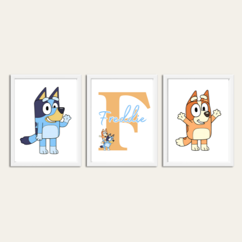 Set of 3 Personalised Girl/boy Nursery bedroom Print / Bluey Bingo A5 A4 A3
