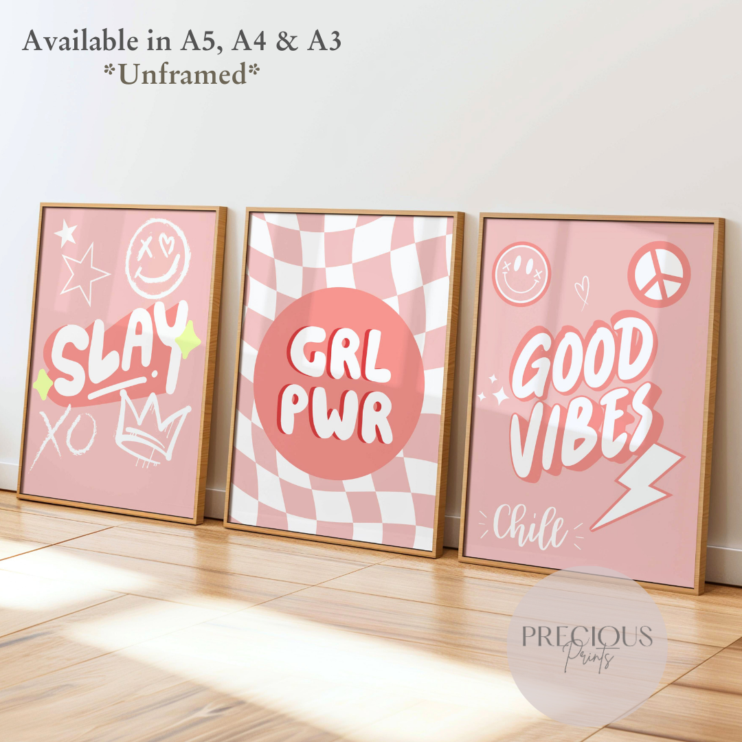 Set of 3 Slay Girl Power Preppy Poster / Trendy Glam Wall Print / Girls Bedroom