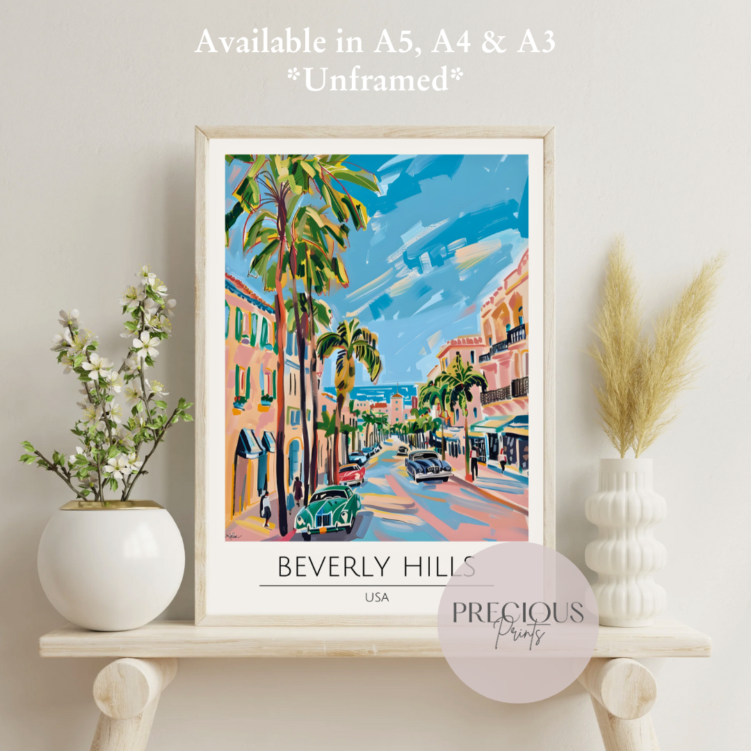 USA - Beverly Hills LA Travel Print Poster / Vintage Wall Art / Giclee A5 A4 A3