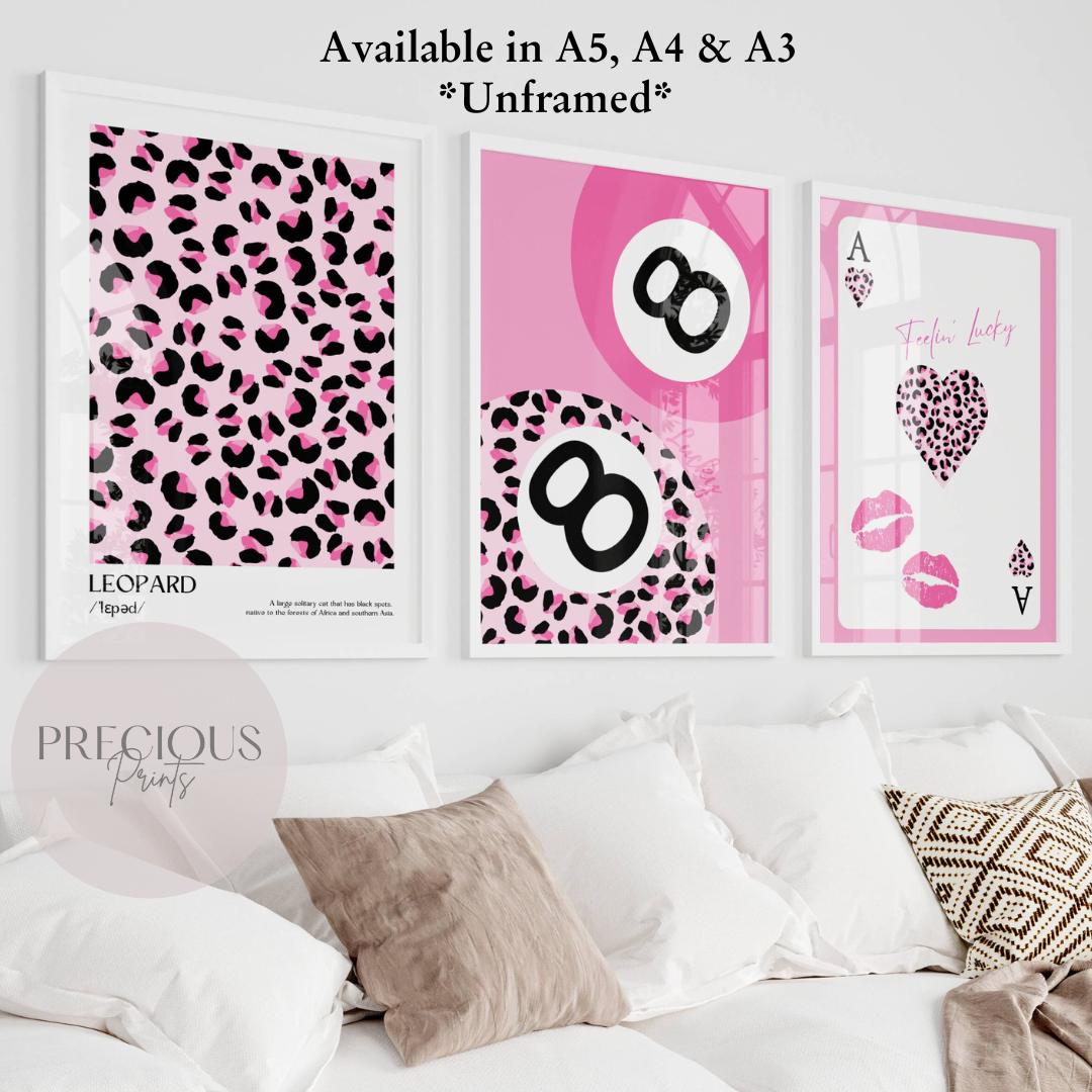Set of 3 Pink Trendy Preppy Prints Leopard Print 8 Ball Wall Art A5 A4 A3