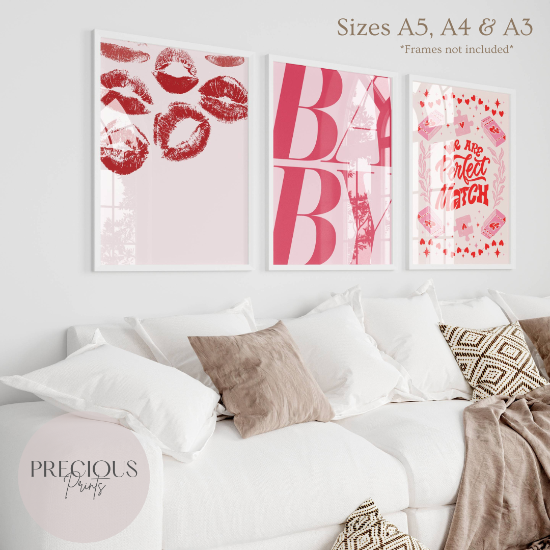 Set of 3 Romantic Preppy Art Prints / Pink Red Preppy Art / His Hers Unframed