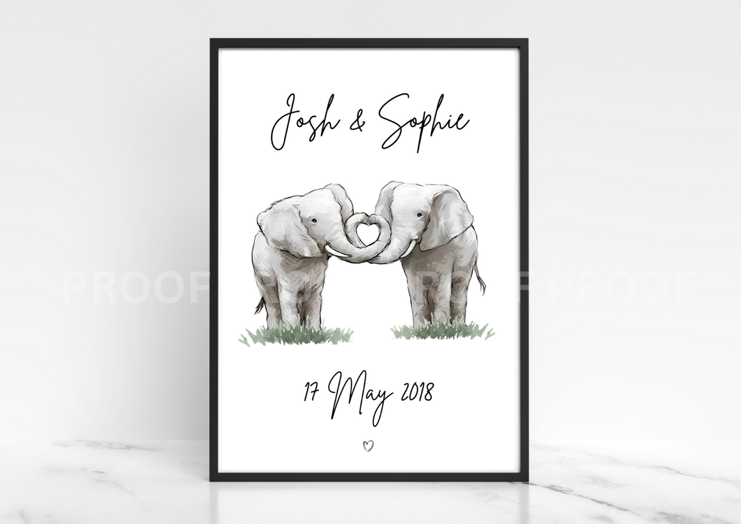 Personalised Valentine Elephants Anniversary Wedding print A5 A4 A3