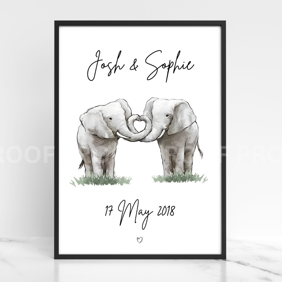 Personalised Valentine Elephants Anniversary Wedding print A5 A4 A3
