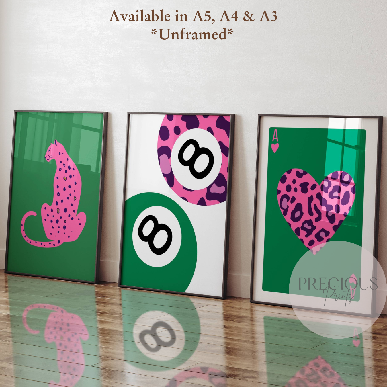 Set of 3 Green Pink Trendy Preppy Prints Bow Leopard Print Wall Art A5 A4 A3