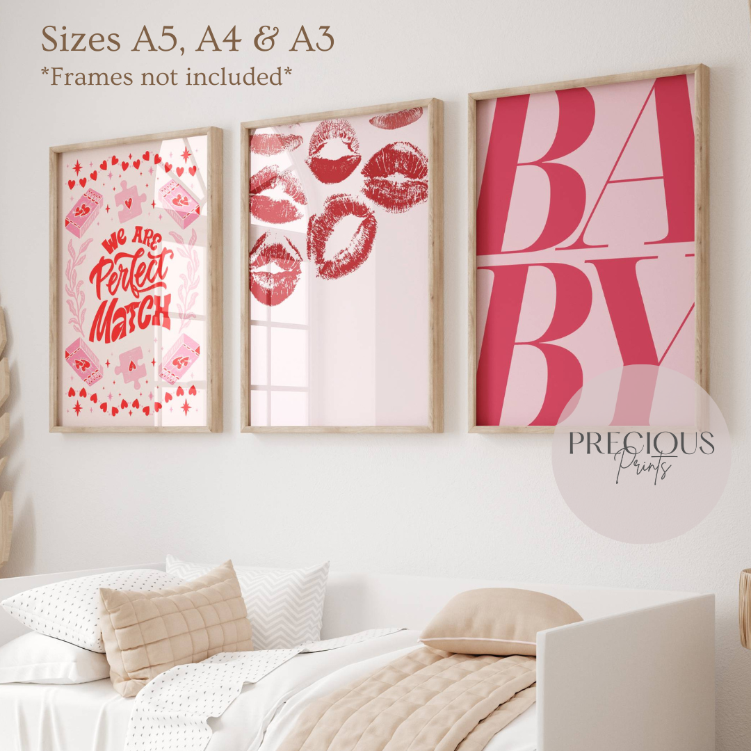Set of 3 Romantic Preppy Art Prints / Pink Red Preppy Art / His Hers Unframed