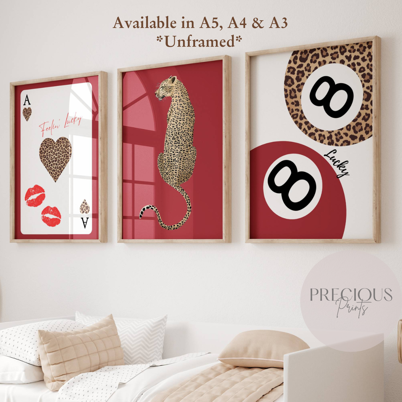 Set of 3 Red Trendy Preppy Prints Cheetah Leopard Eclectic Wall Art A5 A4 A3