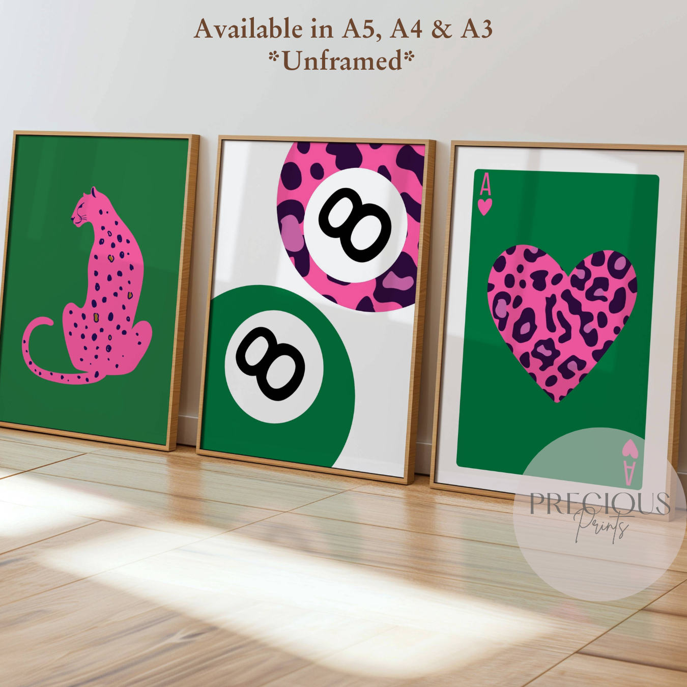 Set of 3 Green Pink Trendy Preppy Prints Bow Leopard Print Wall Art A5 A4 A3