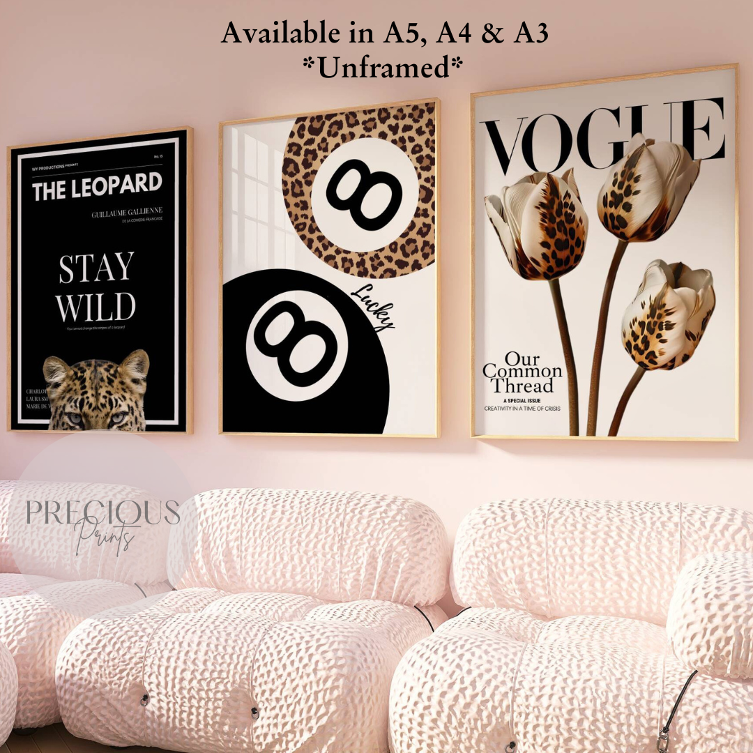 Set of 3 Trendy Preppy Prints Cheetah Leopard Print 8 Ball Wall Art A5 A4 A3