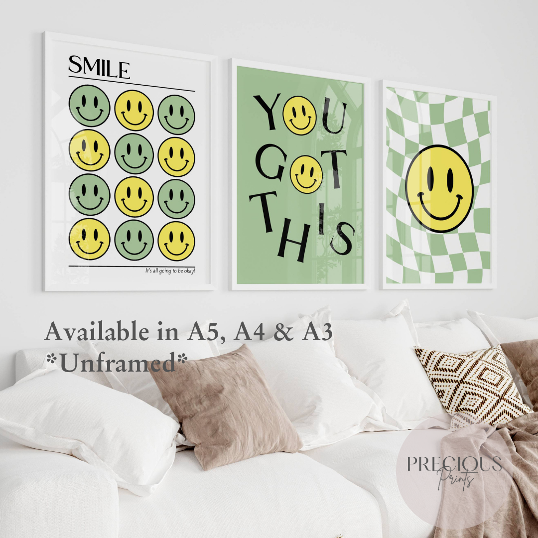 Set of 3 Green Smiley Preppy Prints Motivational Poster / Collage Preppy Poster