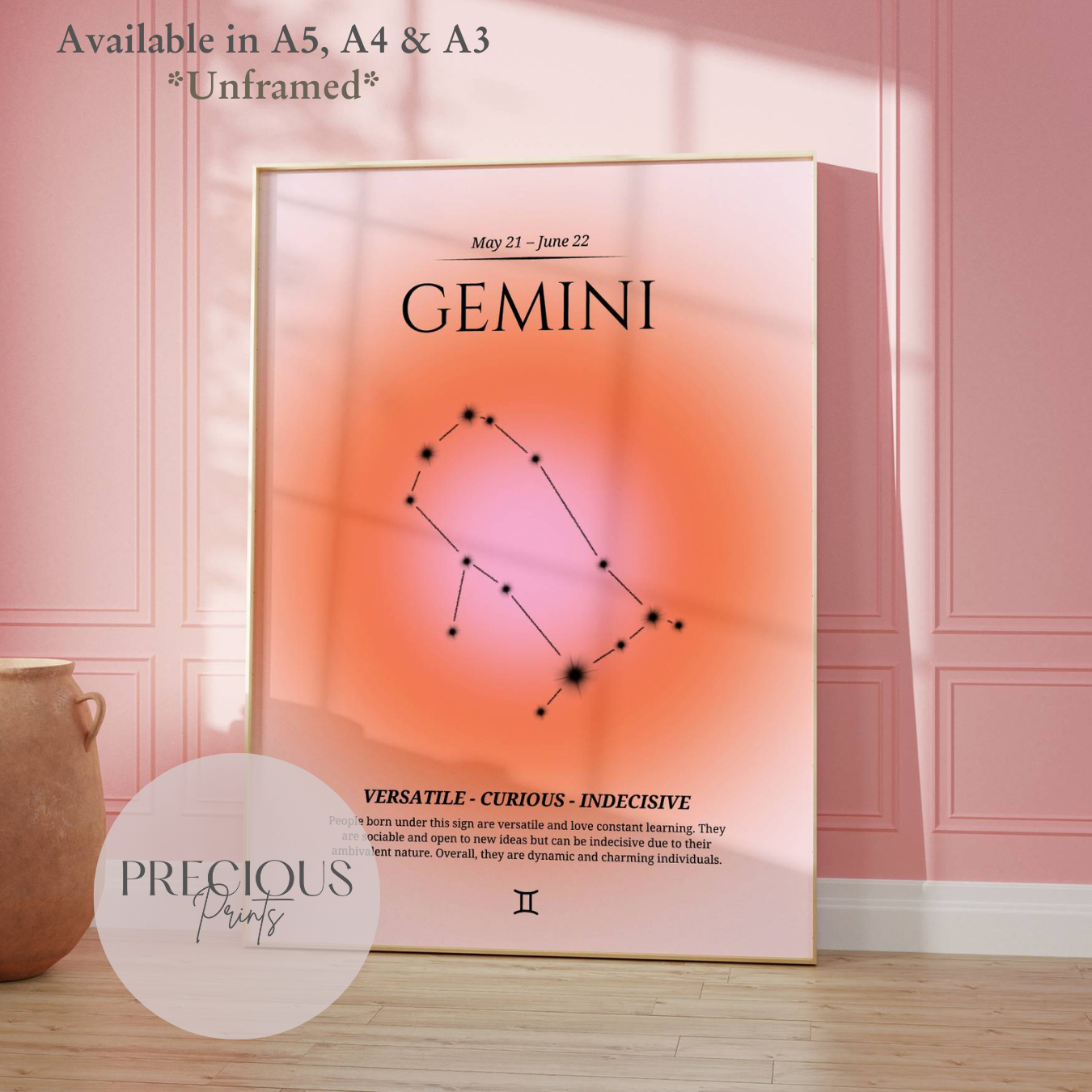 Gemini Zodiac Print / Preppy Trendy Wall Art Poster / A5 A4 A3 Unframed Pink