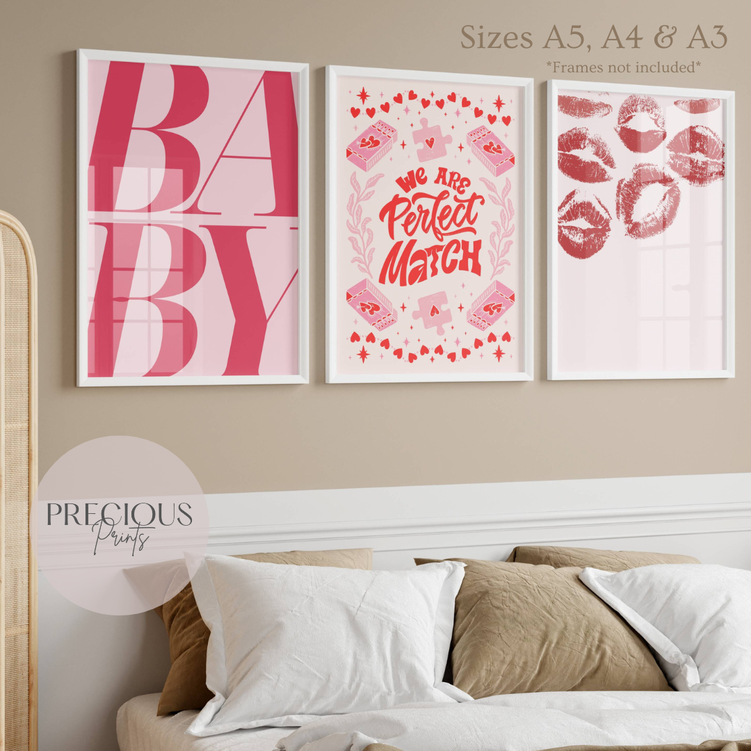 Set of 3 Romantic Preppy Art Prints / Pink Red Preppy Art / His Hers Unframed