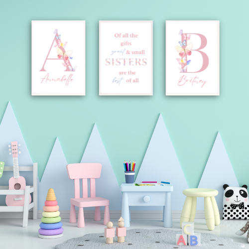 Set of 3 Sisters Personalised Butterflies Child bedroom Nursery Print / A5 A4 A3