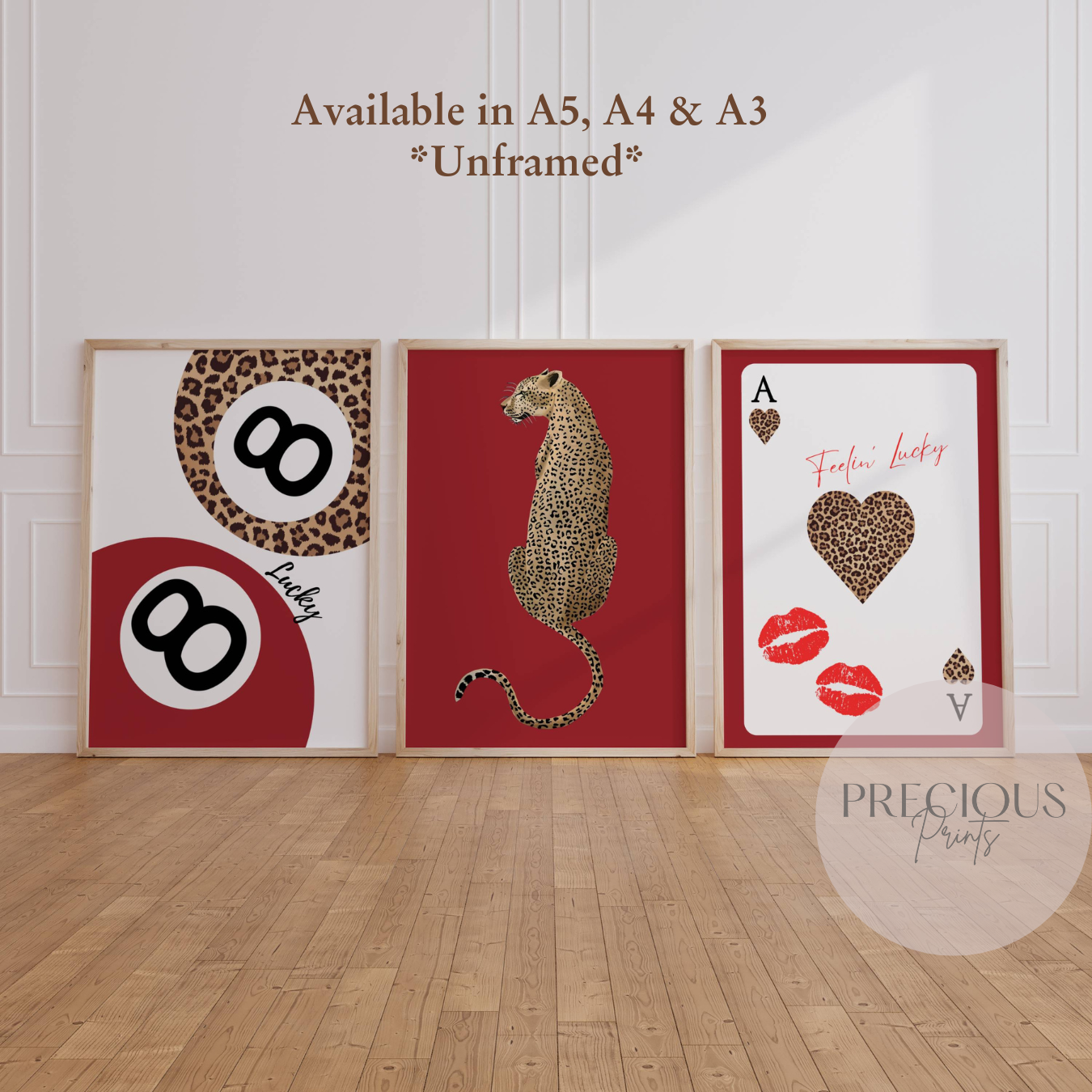 Set of 3 Red Trendy Preppy Prints Cheetah Leopard Eclectic Wall Art A5 A4 A3