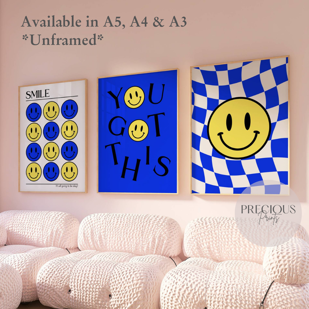 Set of 3 Blue Smiley Preppy Prints Motivational Poster / Collage Preppy Poster