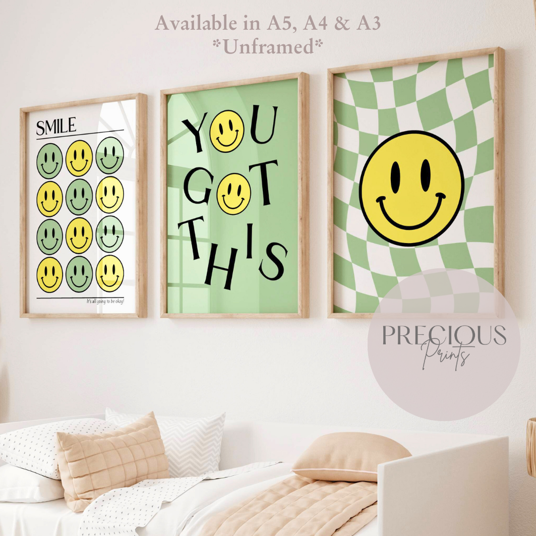 Set of 3 Green Smiley Preppy Prints Motivational Poster / Collage Preppy Poster