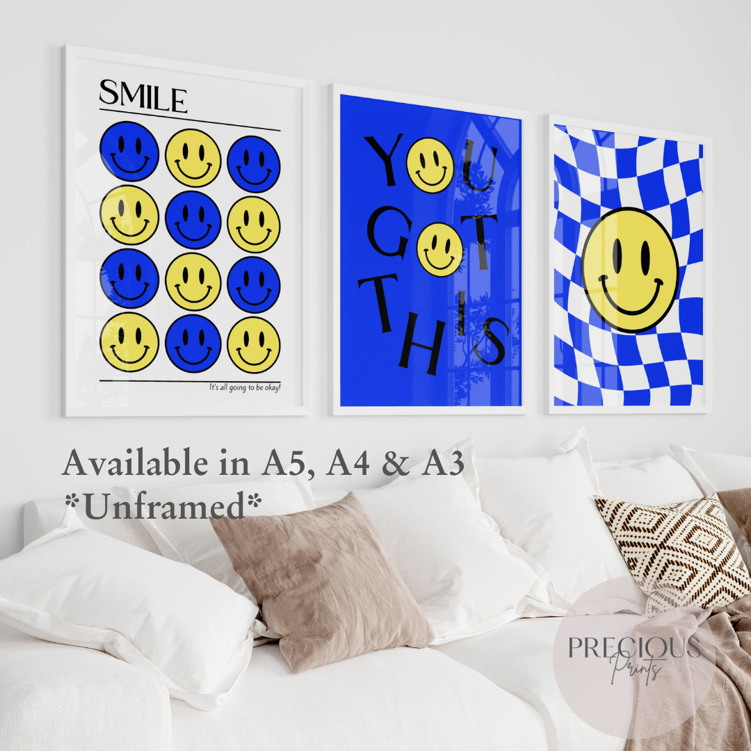 Set of 3 Blue Smiley Preppy Prints Motivational Poster / Collage Preppy Poster