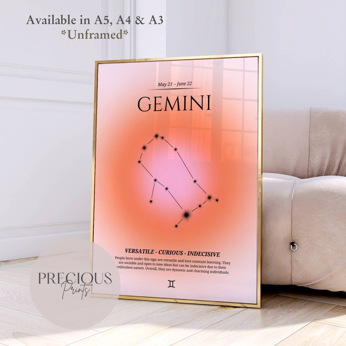 Gemini Zodiac Print / Preppy Trendy Wall Art Poster / A5 A4 A3 Unframed Pink