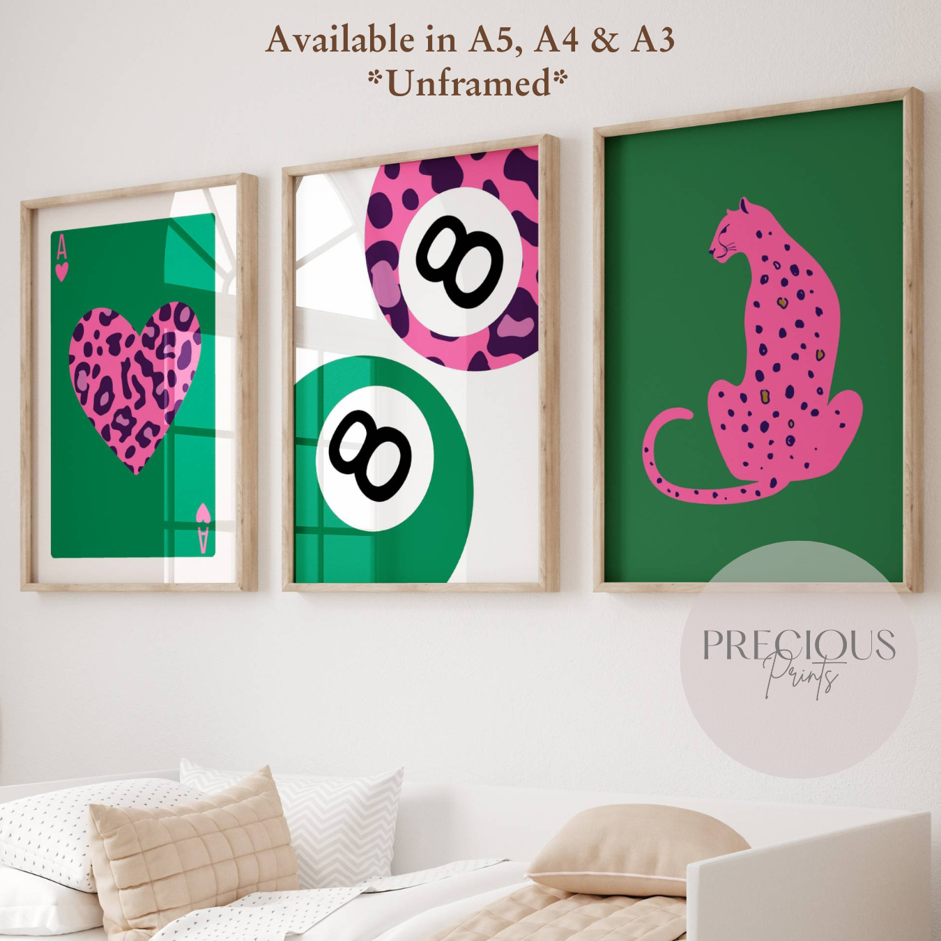 Set of 3 Green Pink Trendy Preppy Prints Bow Leopard Print Wall Art A5 A4 A3