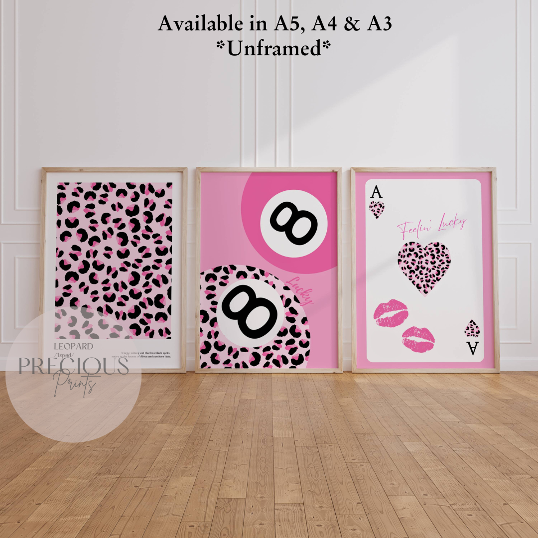 Set of 3 Pink Trendy Preppy Prints Leopard Print 8 Ball Wall Art A5 A4 A3