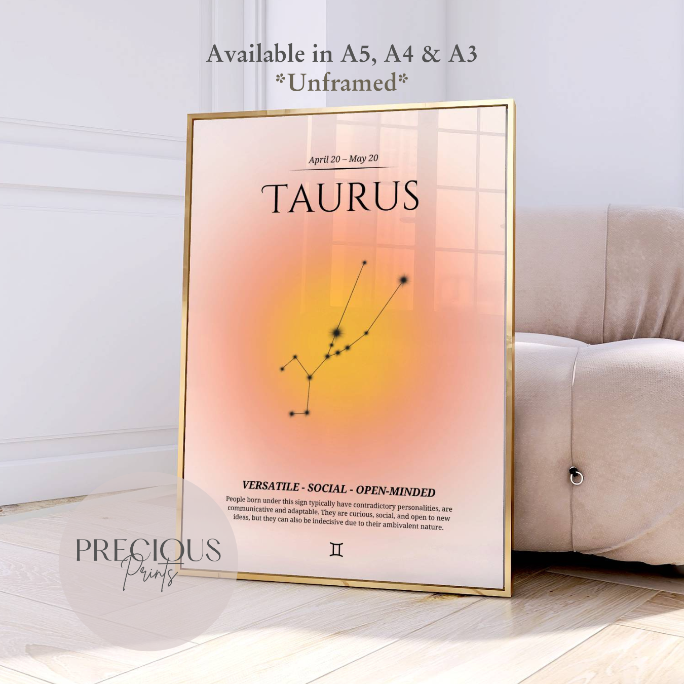 Taurus Zodiac Print / Preppy Trendy Wall Art Poster / A5 A4 A3 Unframed Pink