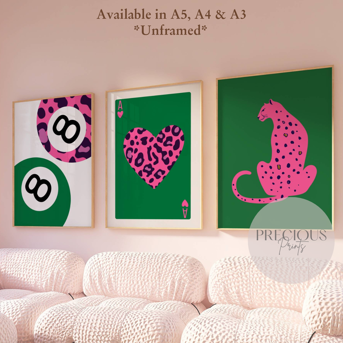 Set of 3 Green Pink Trendy Preppy Prints Bow Leopard Print Wall Art A5 A4 A3