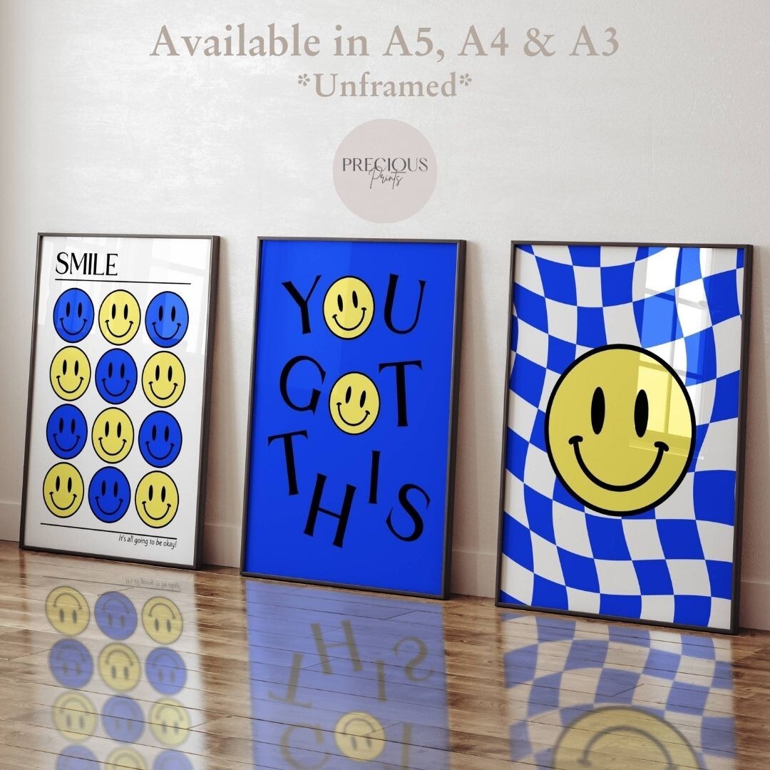 Set of 3 Blue Smiley Preppy Prints Motivational Poster / Collage Preppy Poster