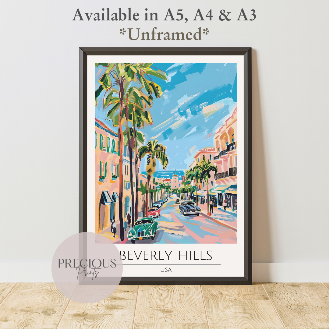USA - Beverly Hills LA Travel Print Poster / Vintage Wall Art / Giclee A5 A4 A3