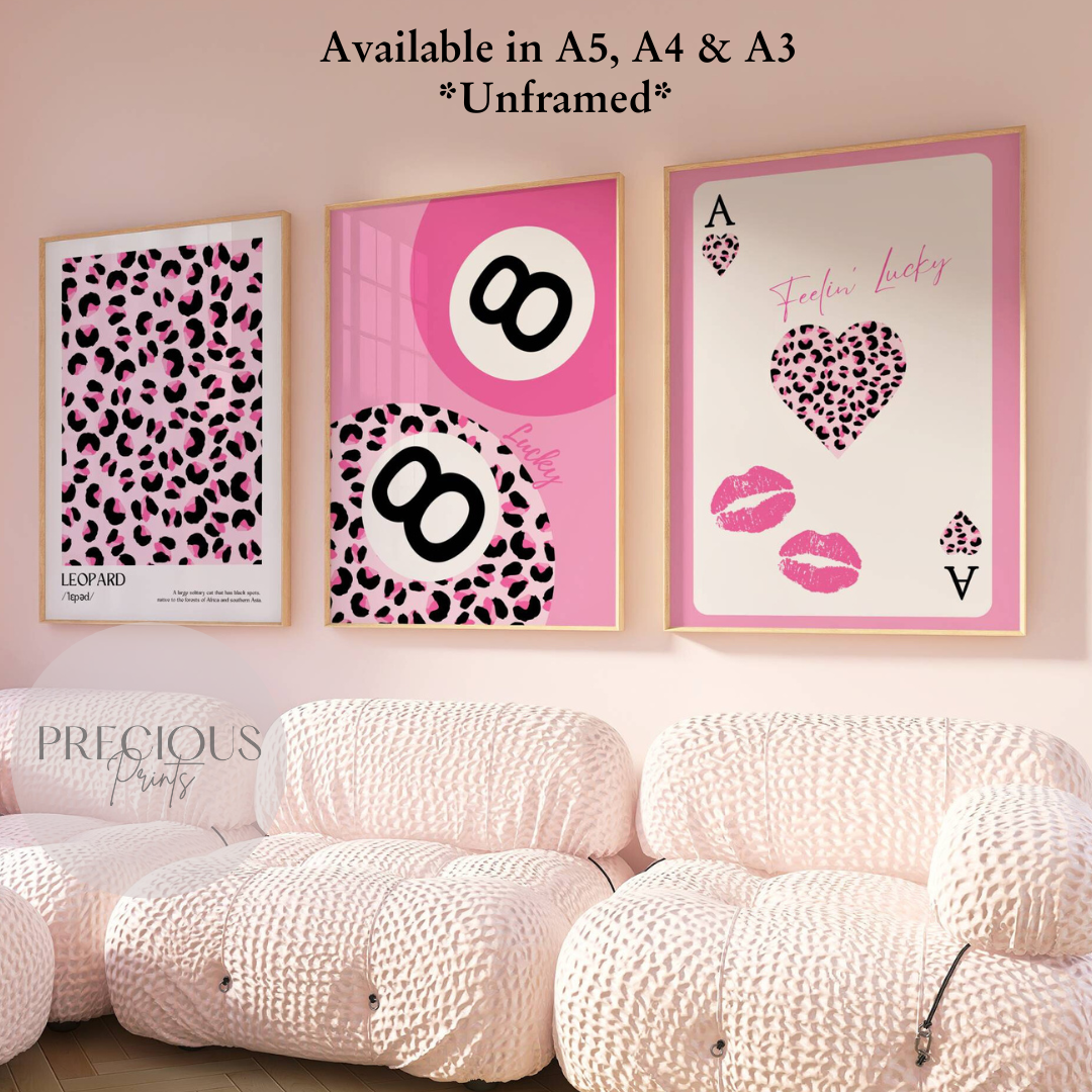 Set of 3 Pink Trendy Preppy Prints Leopard Print 8 Ball Wall Art A5 A4 A3