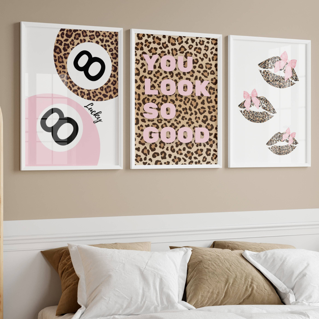 Set of 3 Pink Leopard Prints Bow's and Lip's