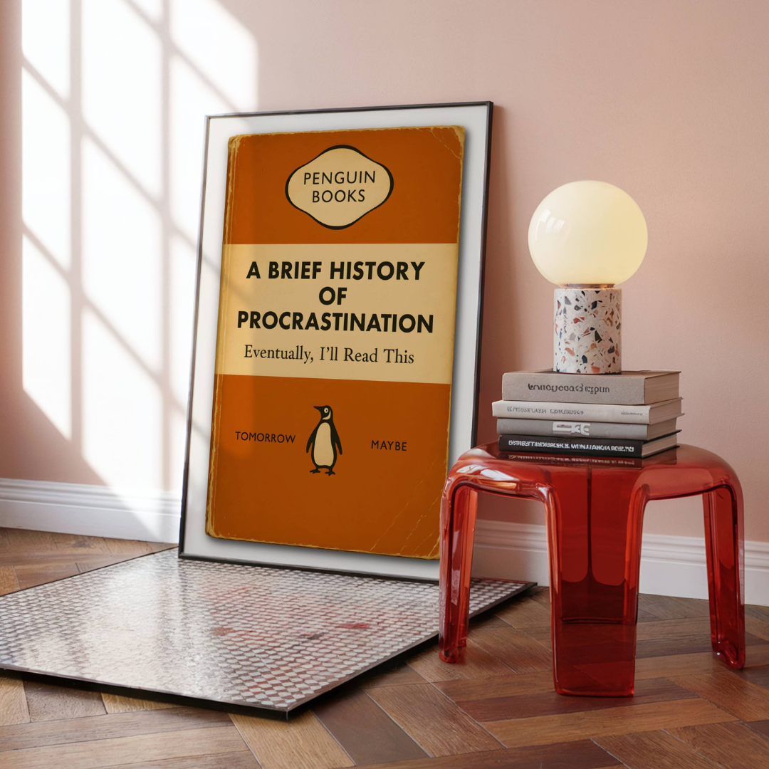 Funny Penguin Book Print - A Brief History of Procrastination