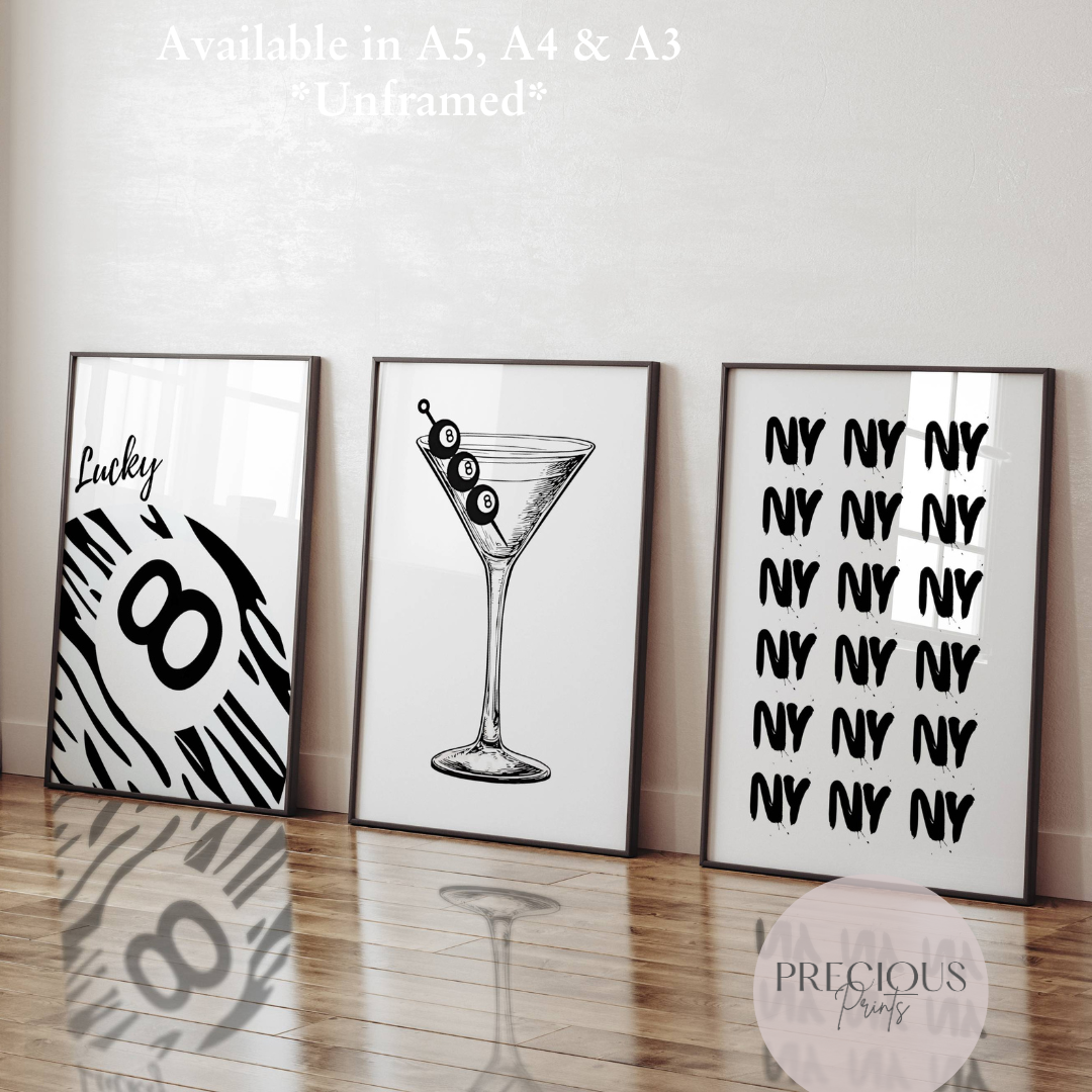 Set of 3 Stylish Black and White Lucky 8 Ball Zebra Wall Art