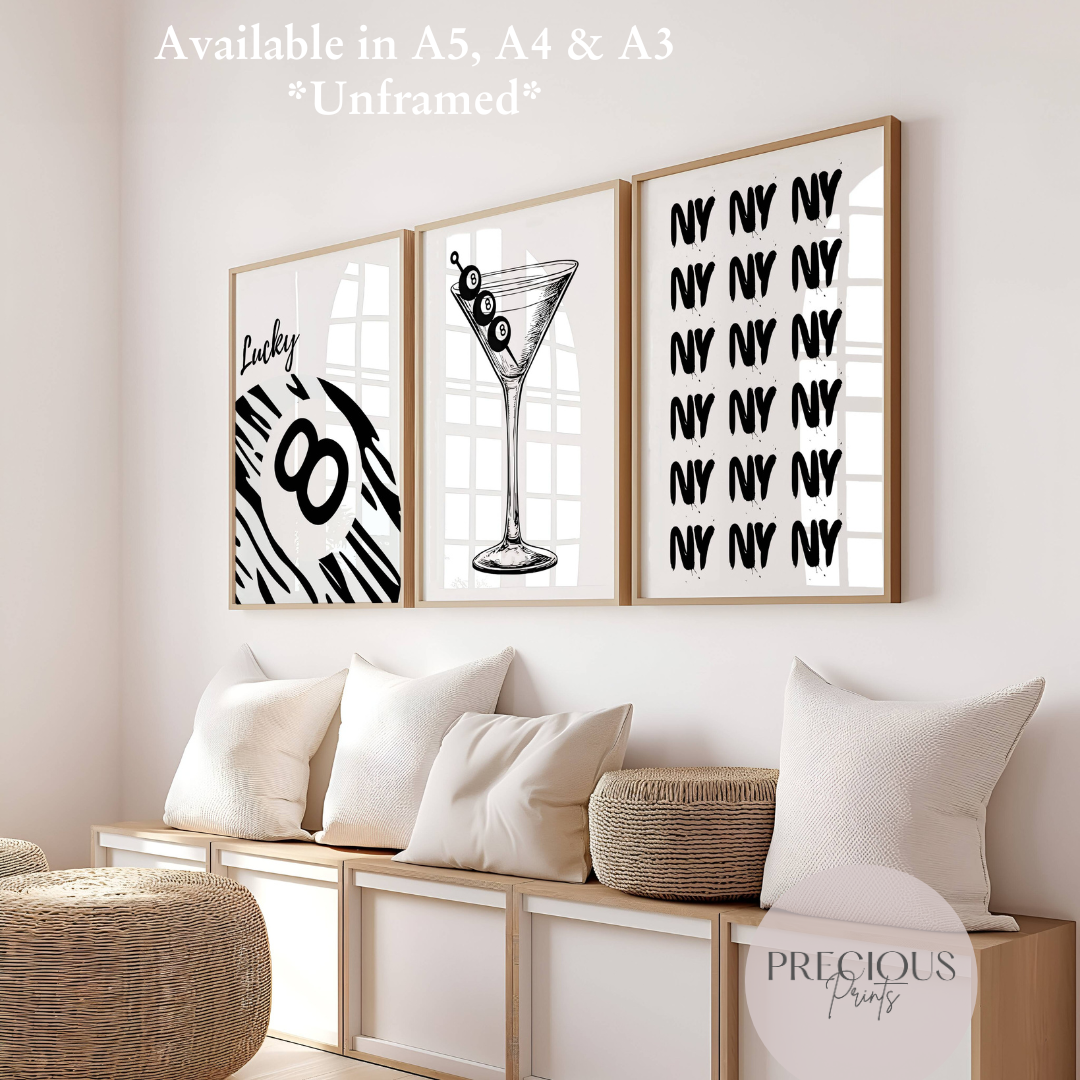 Set of 3 Stylish Black and White Lucky 8 Ball Zebra Wall Art