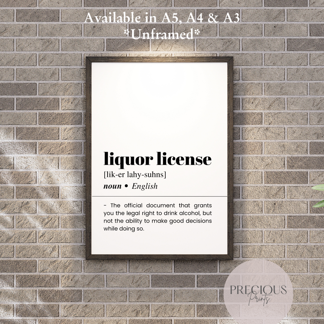 Liquor License Definition Funny Poster / Funny Kitchen pub poster / Funny Alcohol Poster