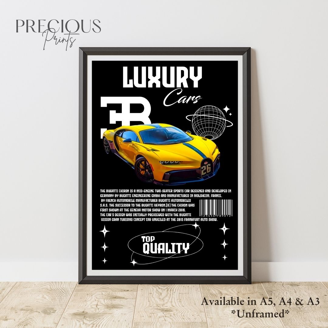 Yellow Bugatti Chiron Sports Car Poster