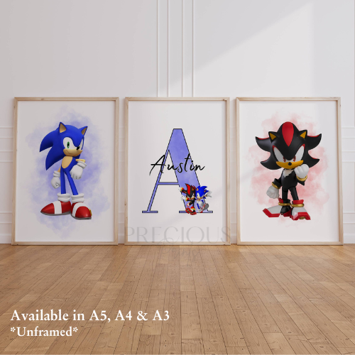 Set of 3 Childrens Personalised Sonic and Shadow Bedroom Print