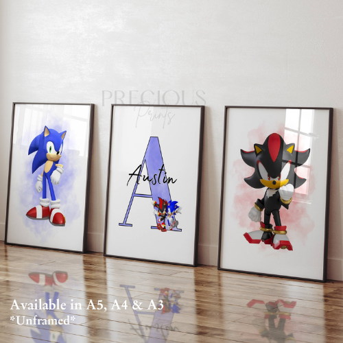 Set of 3 Childrens Personalised Sonic and Shadow Bedroom Print