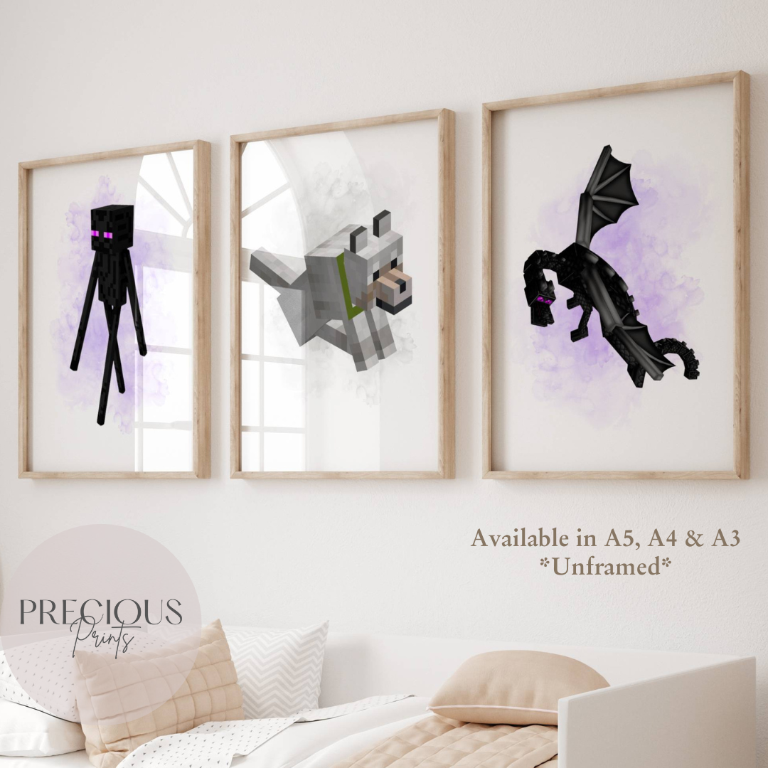 Set of 3 Minecraft Prints / Gaming Prints / Boys Girls Bedroom Prints