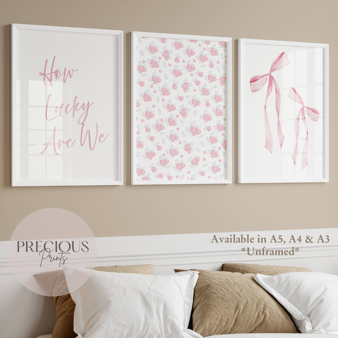 Set of 3 Coquette Preppy Pretty Prints How Lucky Are We, Bows & Flowers