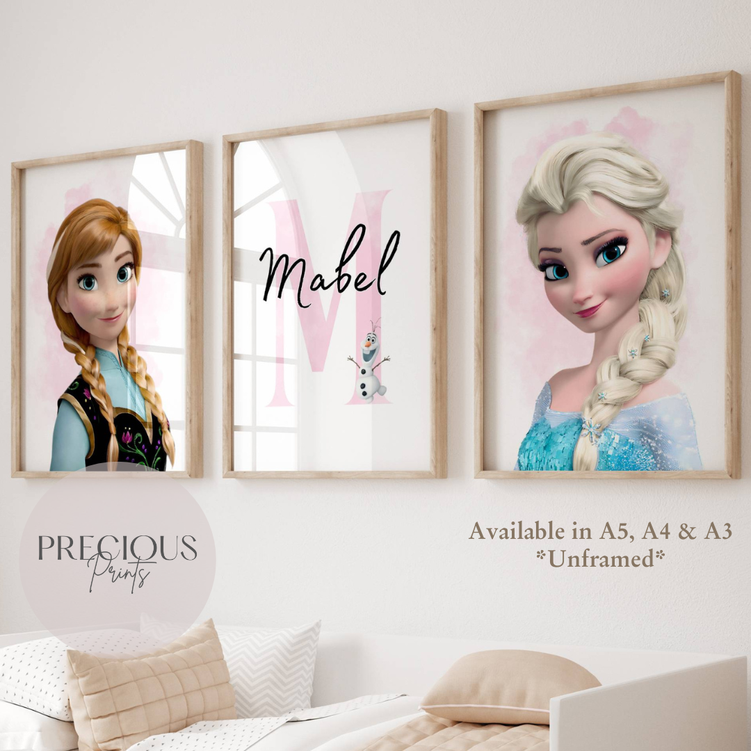 Set of 3 Personalised bedroom Print / Elsa & Anna Frozen A5 A4 A3 Unframed