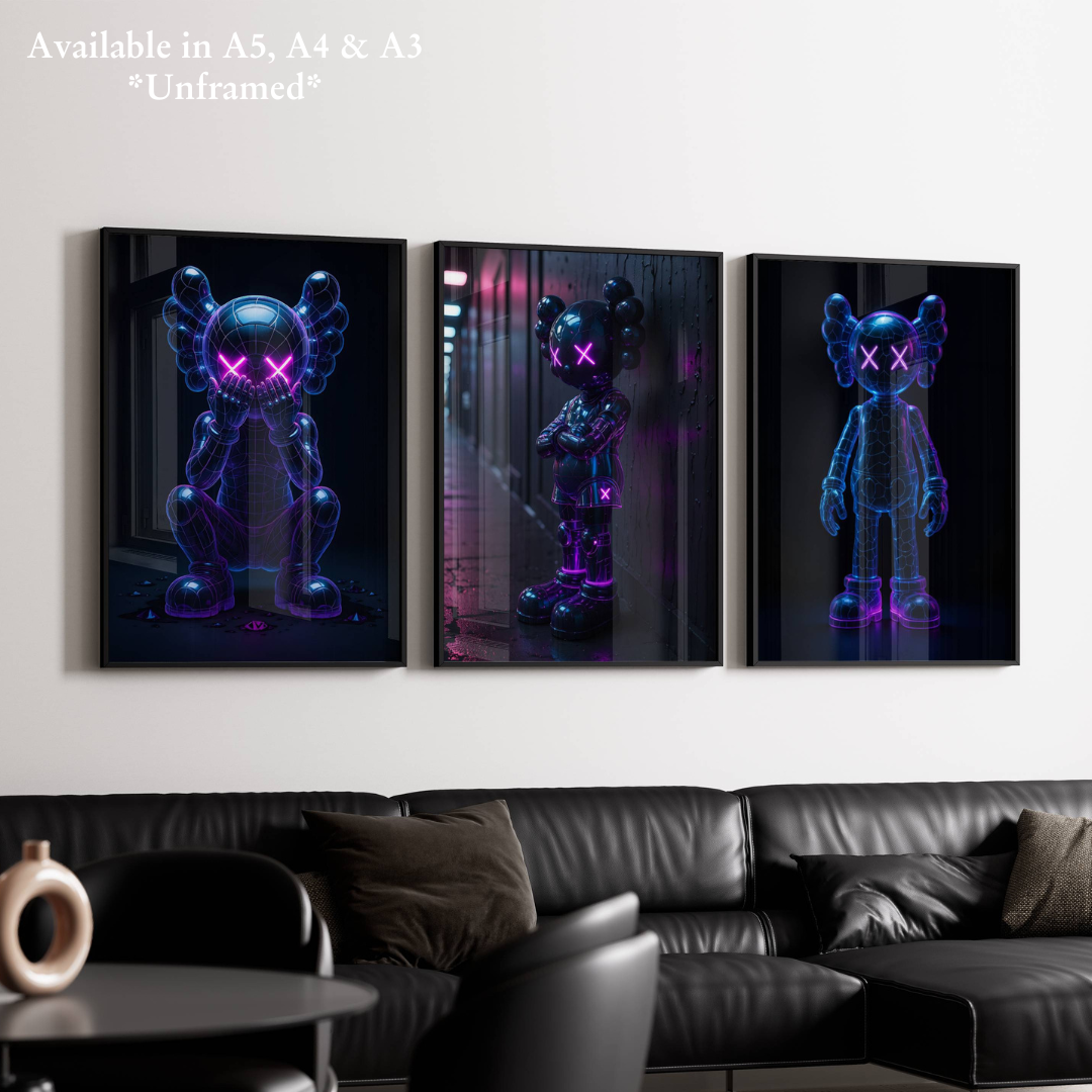 Set of 3 Neon Kaws Exhibition Posters