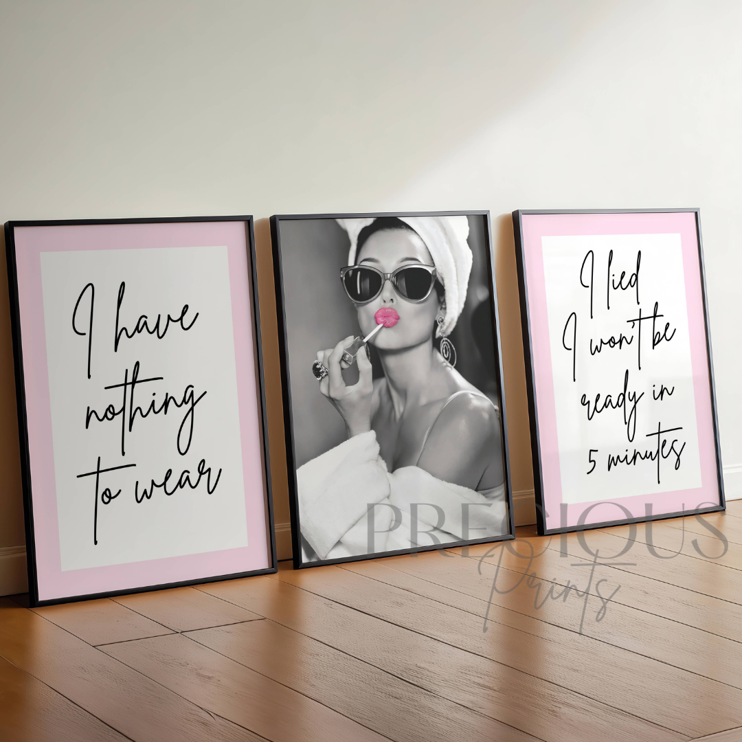 Set of 3 Fashion Audrey Hepburn Dressing Room Prints Posters / Stylish Trendy Wall Art