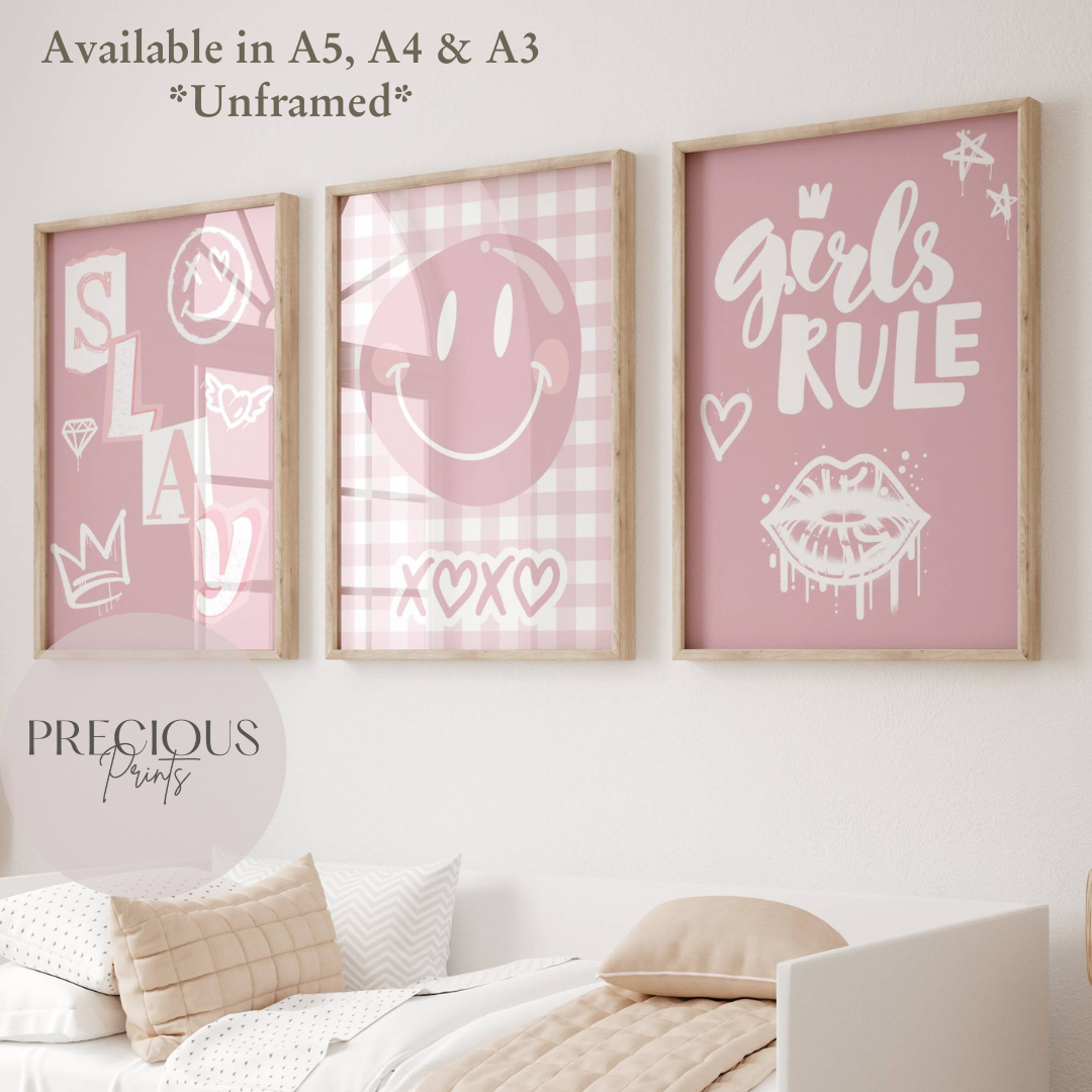 Set of 3 Pink Preppy Prints / Pink Slay Poster / Trendy Wall Art / Unframed