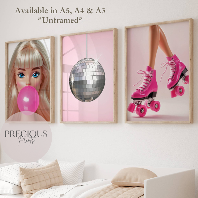 Set of 3 Barbie Pink Preppy Prints / Tween Children's Poster / Trendy Wall Art / Unframed