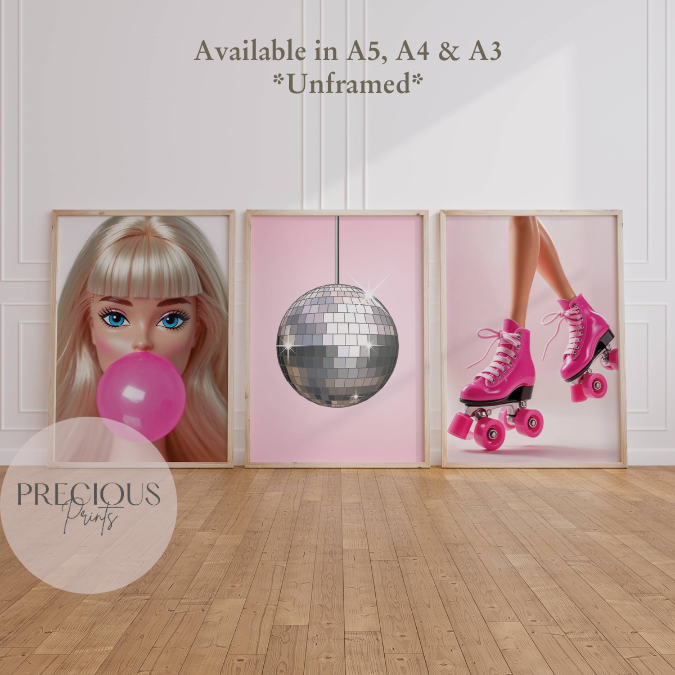 Set of 3 Barbie Pink Preppy Prints / Tween Children's Poster / Trendy Wall Art / Unframed
