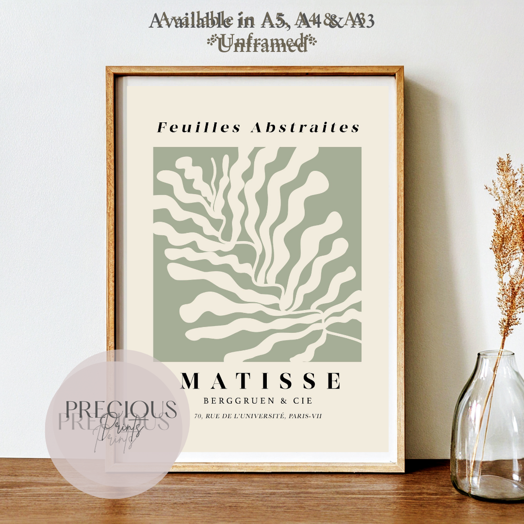 Set of 2 Matisse & William Morris 'Willow' Prints A5 A4 A3 Art Exhibition Sage Green Poster